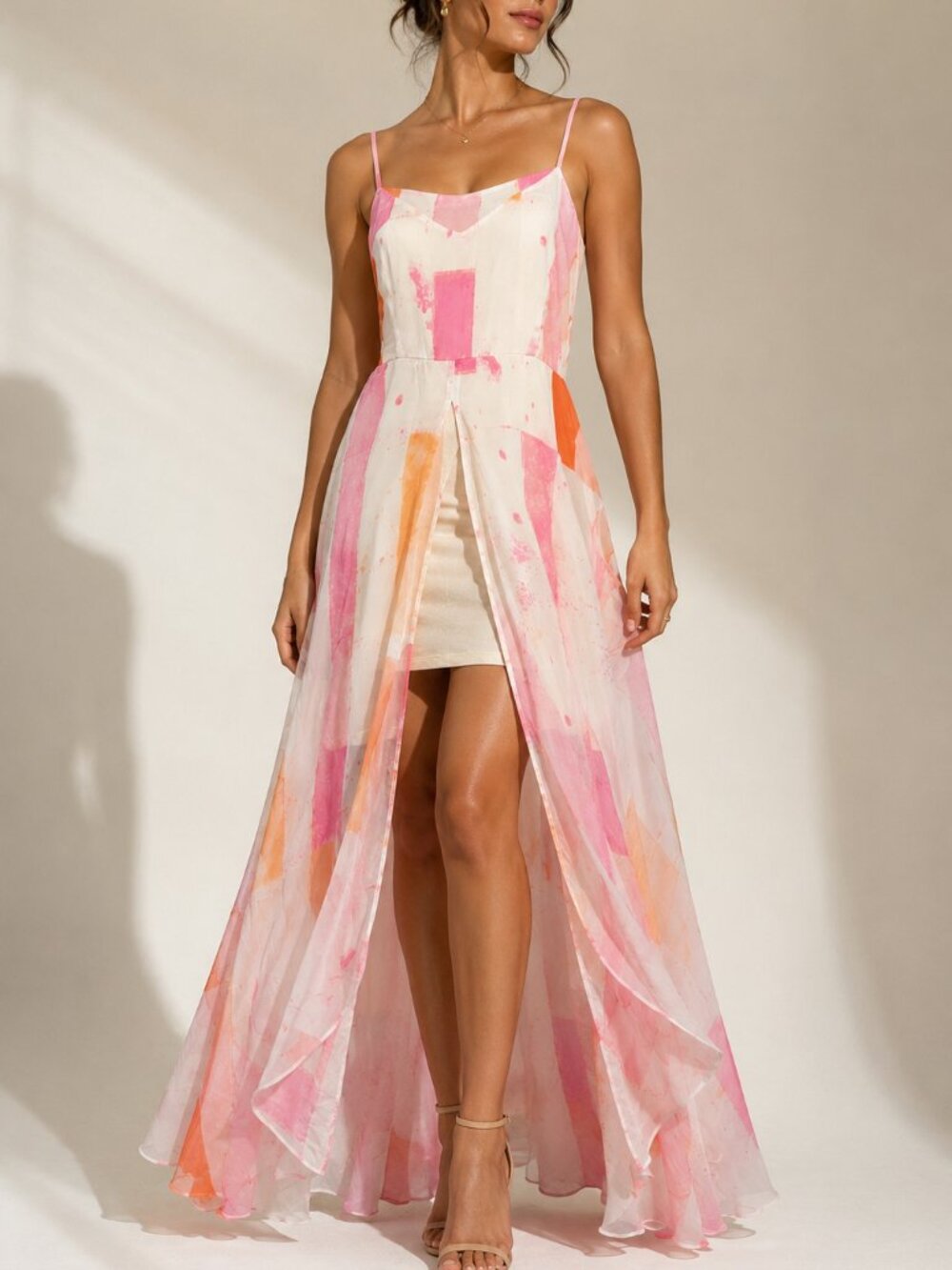 Cato Pink Orange Abstract Print Maxi Dress Size 16 Spaghetti Strap